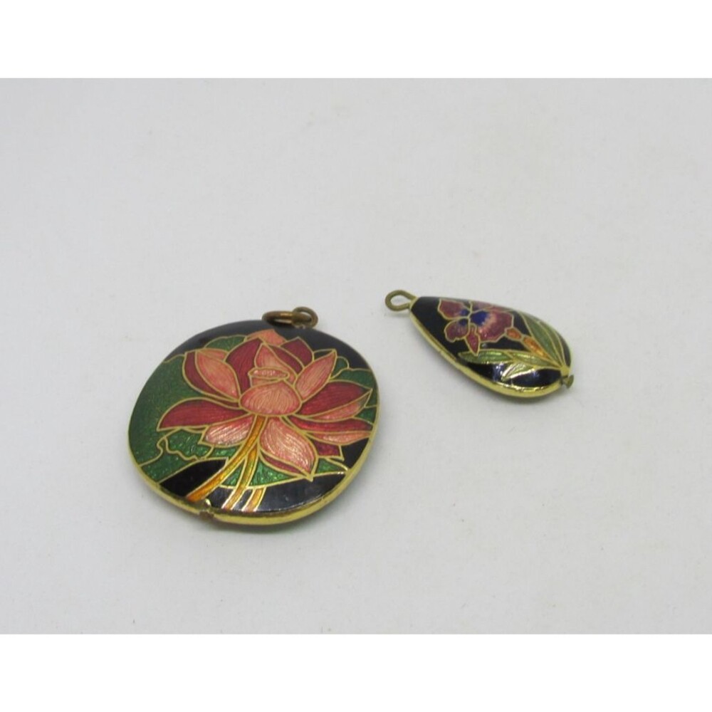 Vintage Cloisonné Enamel Pendant Se- Round Lotus Flower & Teardrop Charm Gold